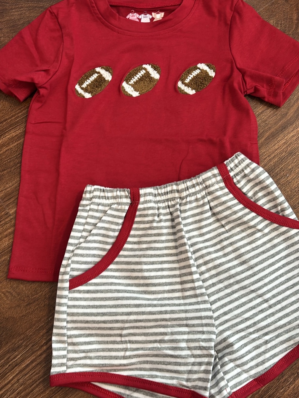 Red Kids Football Tee & Striped French Knot  Shorts Set